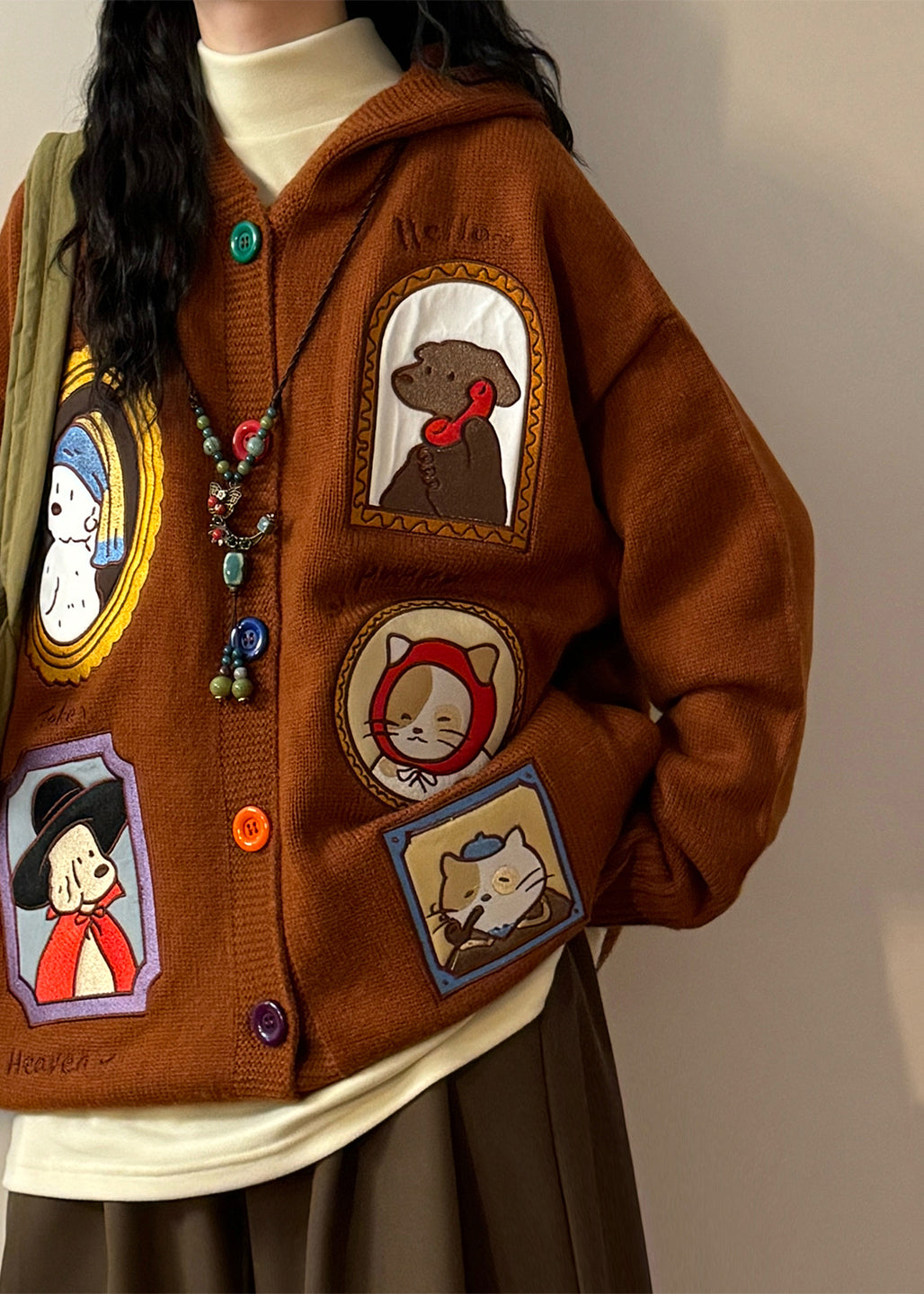 Brown Hooded Applique Button Knit Coats Spring
