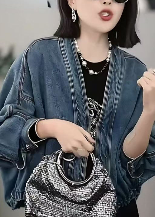 Blue V Neck Zip Up Patchwork Denim Jacket Fall
