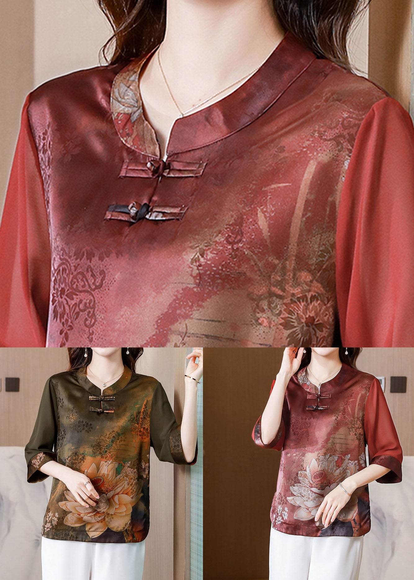 Red Stand Collar Print Patchwork Silk Blouses Summer