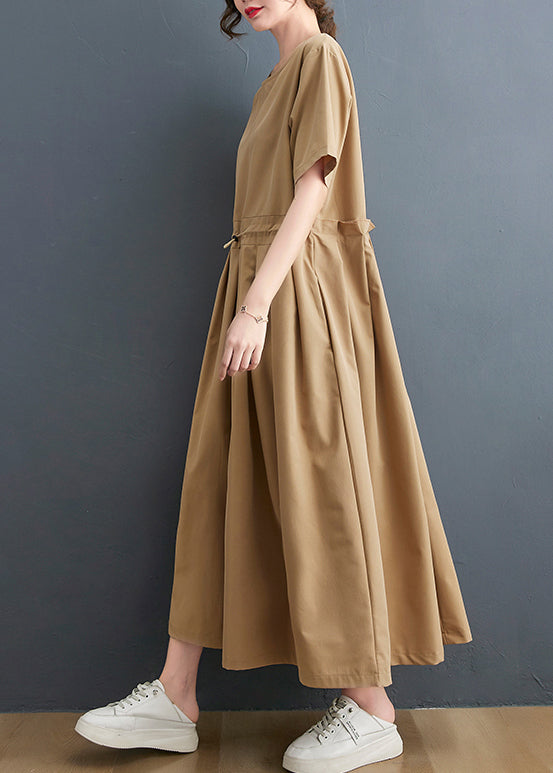 Khaki O-neck Wrinkled Drawstring Maxi Dresses Short Sleeve