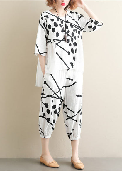 White O-neck Patchwork Tops and Pants Cotton Two Pieces Set Summer