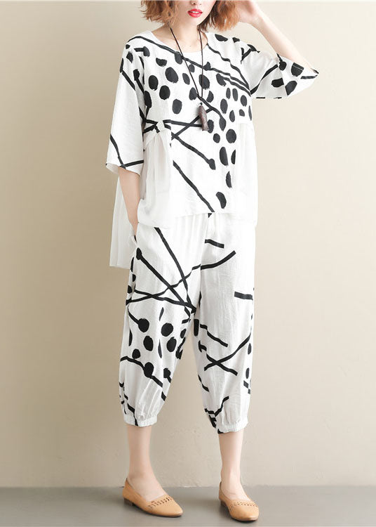 White O-neck Patchwork Tops and Pants Cotton Two Pieces Set Summer