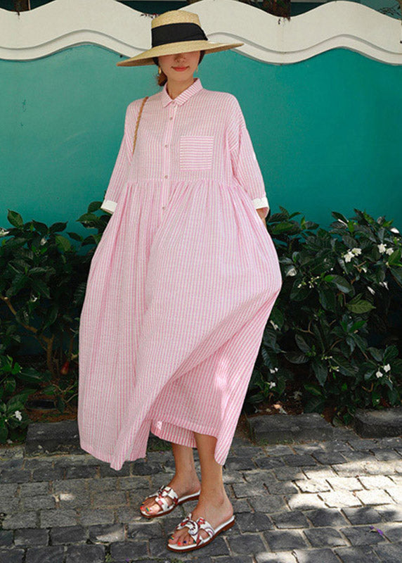 Grey Peter Pan Collar Striped Button Pockets Wrinkled Long Dresses Half Sleeve