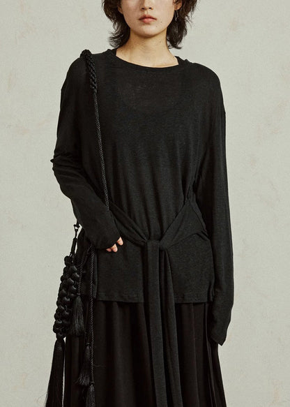 Black O-neck Tie Waist Tops Fall