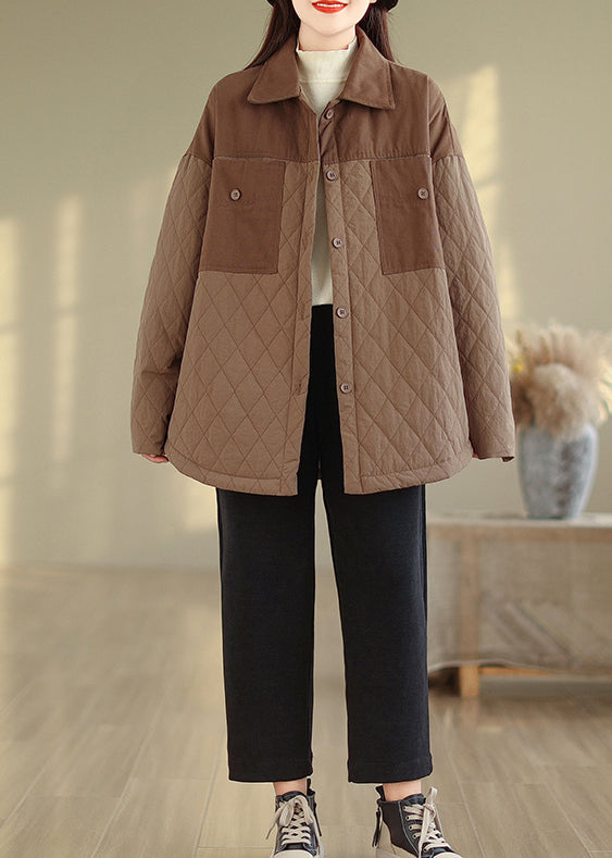 Coffee Oversized Patchwork Fine Cotton Filled Jacket Winter