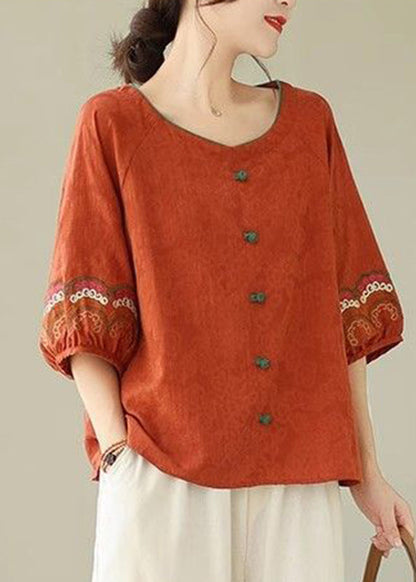 Orange O-neck Button Loose Top Summer