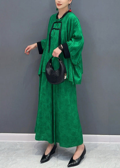 Chinese Style Green Stand Collar Shirts and Wide Leg Pants Two Piece Set Fall