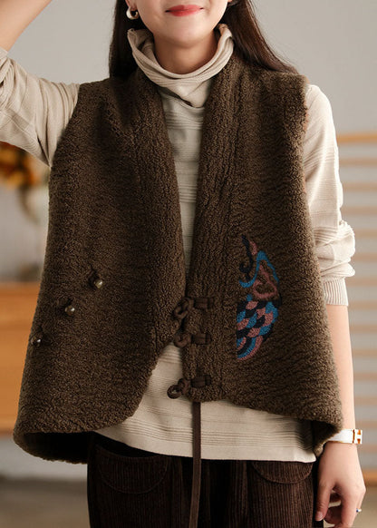 Diy Chocolate Embroideried Asymmetrical Design Faux Fur Vest Sleeveless