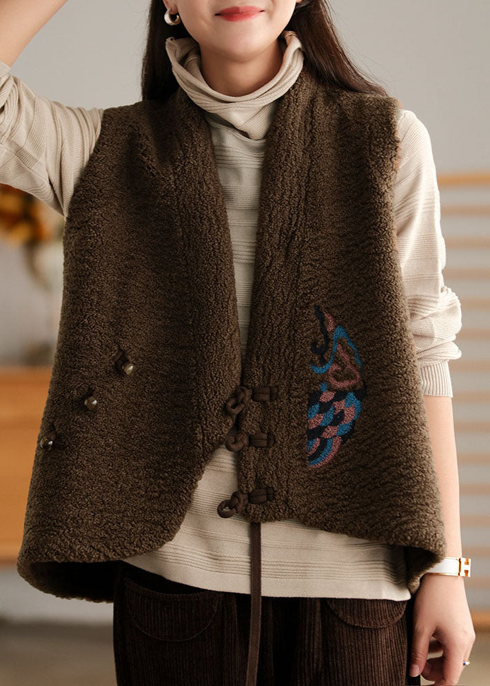 Diy Chocolate Embroideried Asymmetrical Design Faux Fur Vest Sleeveless
