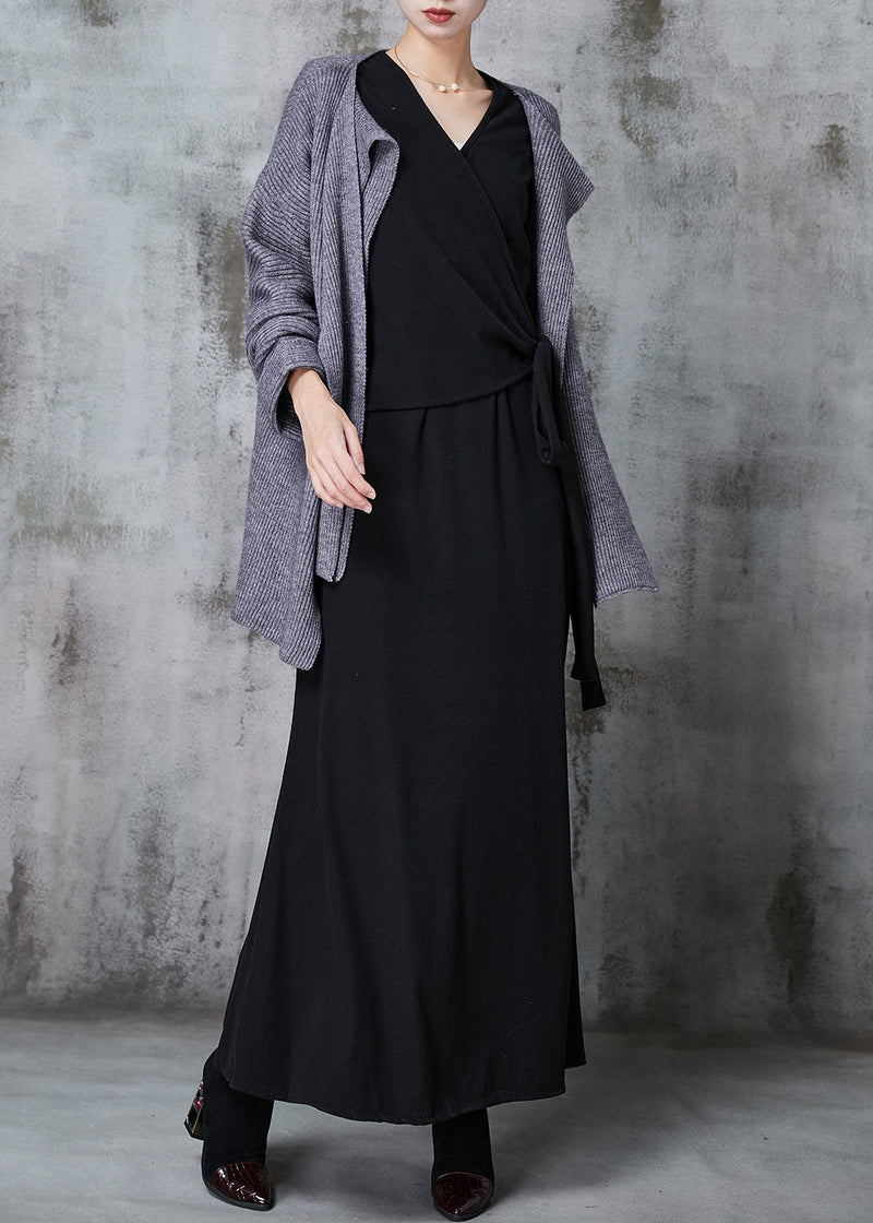 Fitted Grey Asymmetrical Silm Fit Knit Cardigan and Dress Two Pieces Set Spring