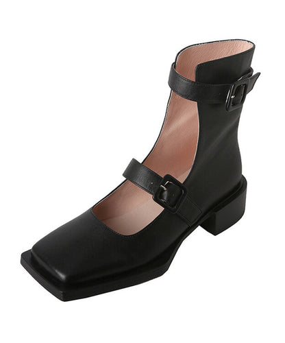 Black Chunky Cowhide Leather Classy Splicing Sandals Boots