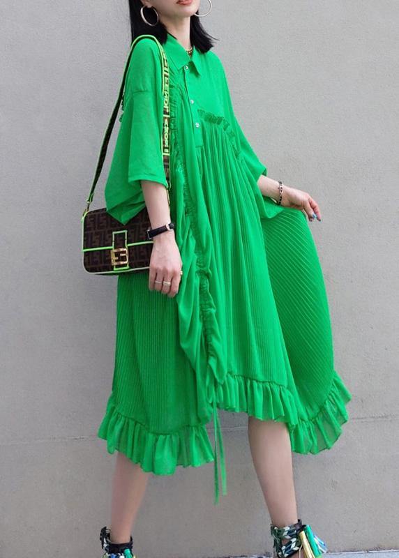 100% Green Dress Lapel Asymmetric Summer Dress