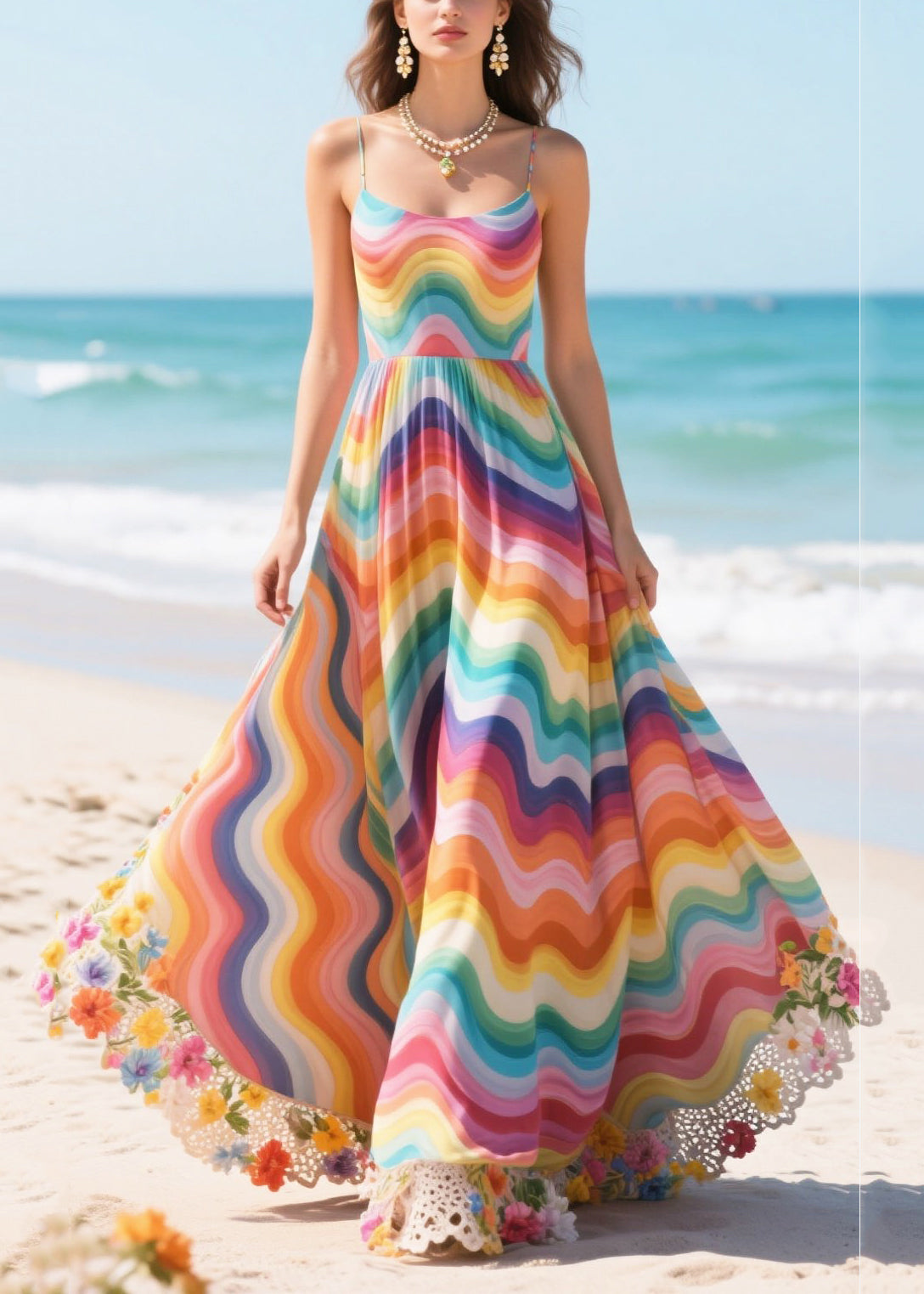 Rainbow Patchwork Flower Lace Chiffon Sundress Summer