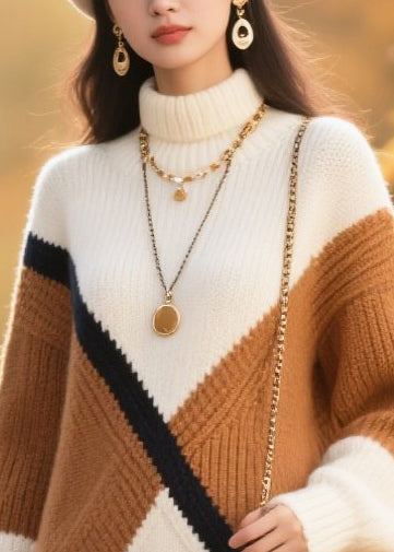 White Turtle Neck Patchwork Knitted Dress Winter