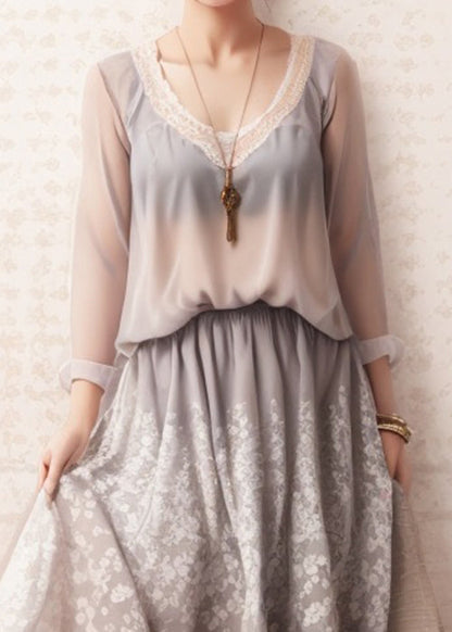 Art Grey Print High Waist Silk Dresses Long Sleeve