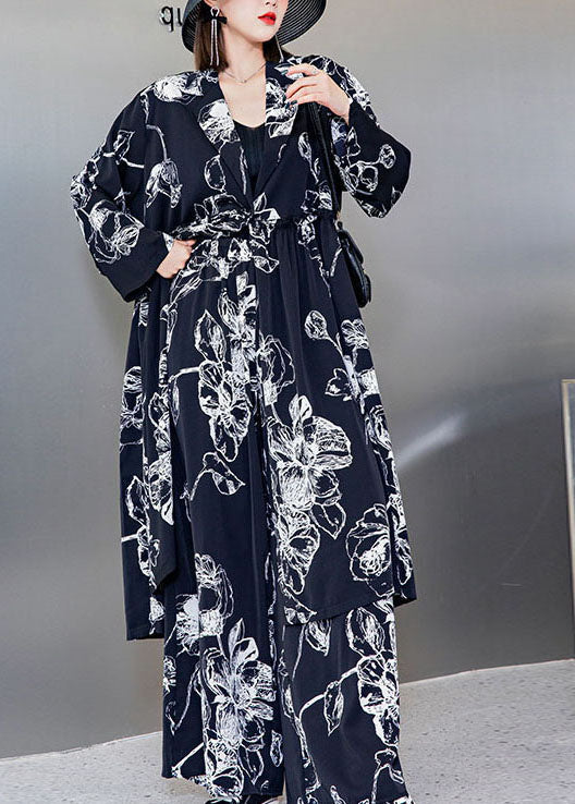 Stylish Black V Neck Cinched Print Silk Tops Wide Leg Pants Two Pieces Set Spring