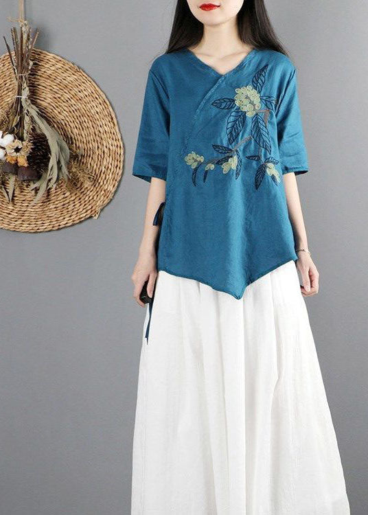 Simple Blue Asymmetrical Tie Waist Cotton Tops Half Sleeve