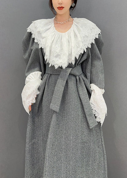 Grey Oversized Woolen Cinch Dress Two Pieces Set Spring