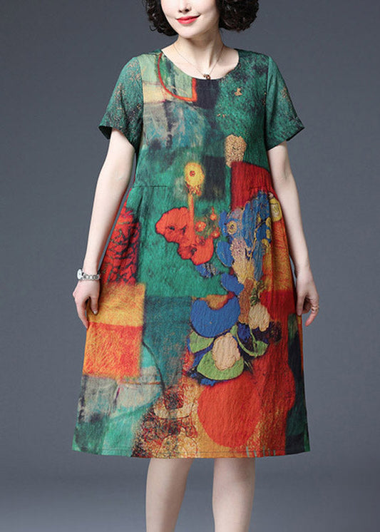 Green Print Wrinkled Cotton Dresses Short Sleeve