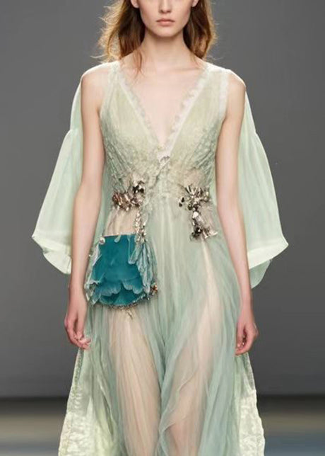 Green Cold Shoulder Silm Fit Silk Long Dress Summer