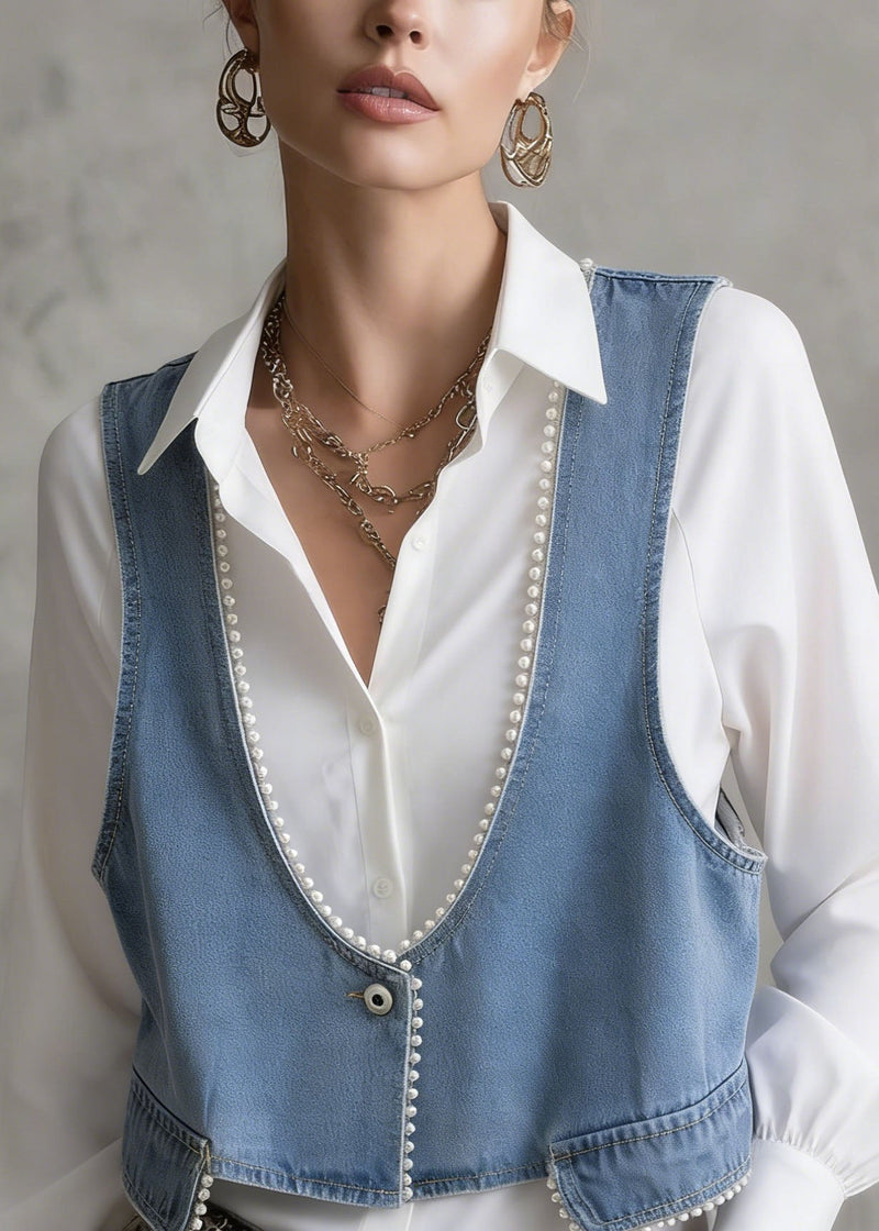 Blue V Neck Pearl Edge Patchwork Denim Vest Sleeveless