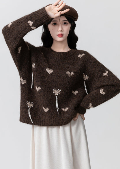 Coffee O Neck Jacquard Thick Knit Sweaters Winter