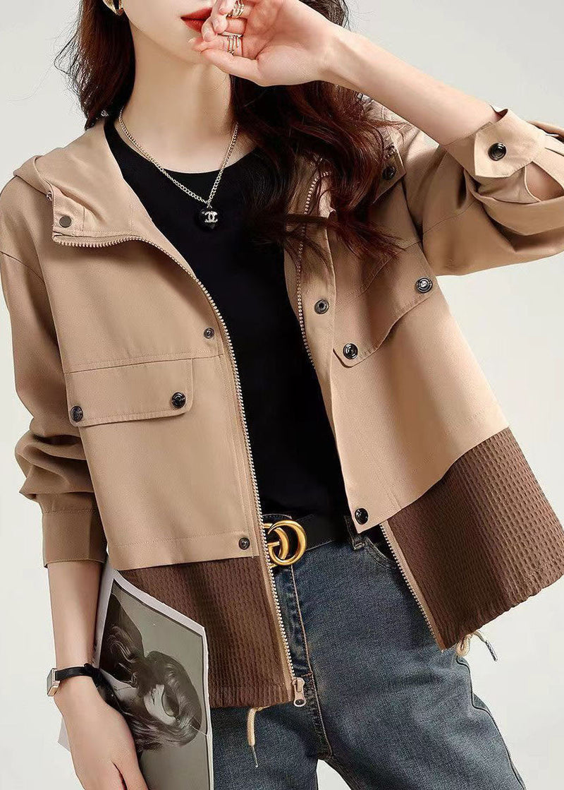 Light Khaki Zip Up Patchwork Cotton Hooded Jacket Fall