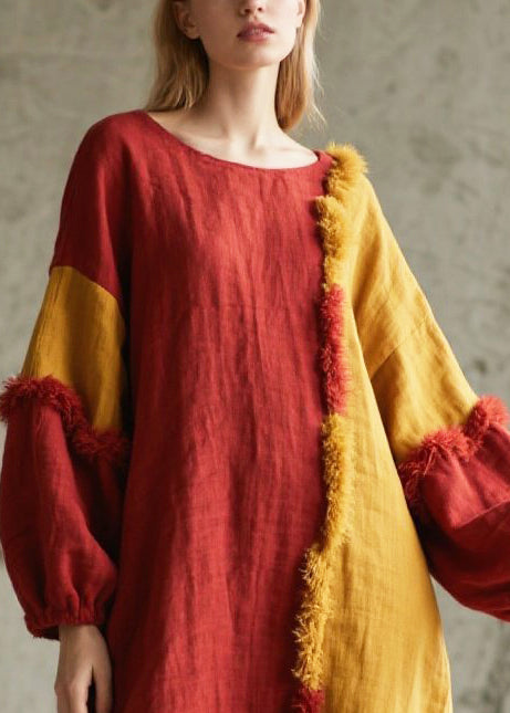 Mixed Color Asymmetrical Patchwork Faux Fur Long Dress Fall