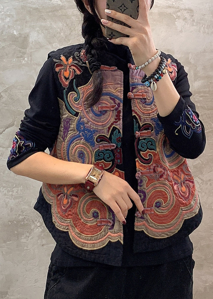 Retro Black Stand Collar Embroideried Button Waistcoat Fall