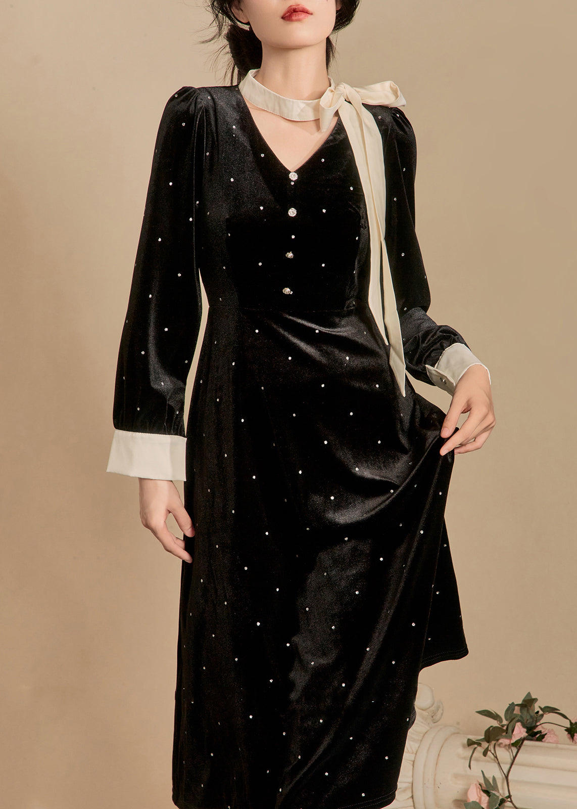 French Black Bow Dot Silk Velour Long Dress Winter