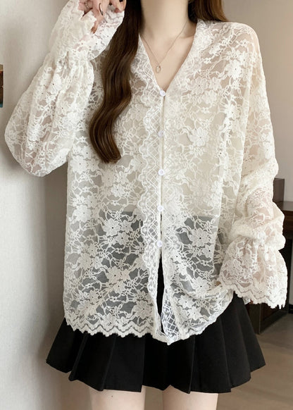 Beige V Neck Button Lace Shirt Flare Sleeve