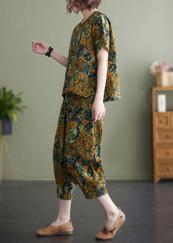 Yellow O-neck Top Short Sleeve Elastic Waist Pants Two Pieces Set