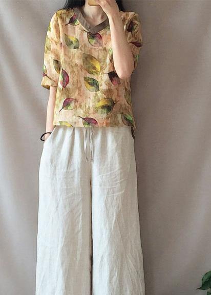 Modern Yellow Leaves Clothes V Neck Half Sleeve Loose Blouse