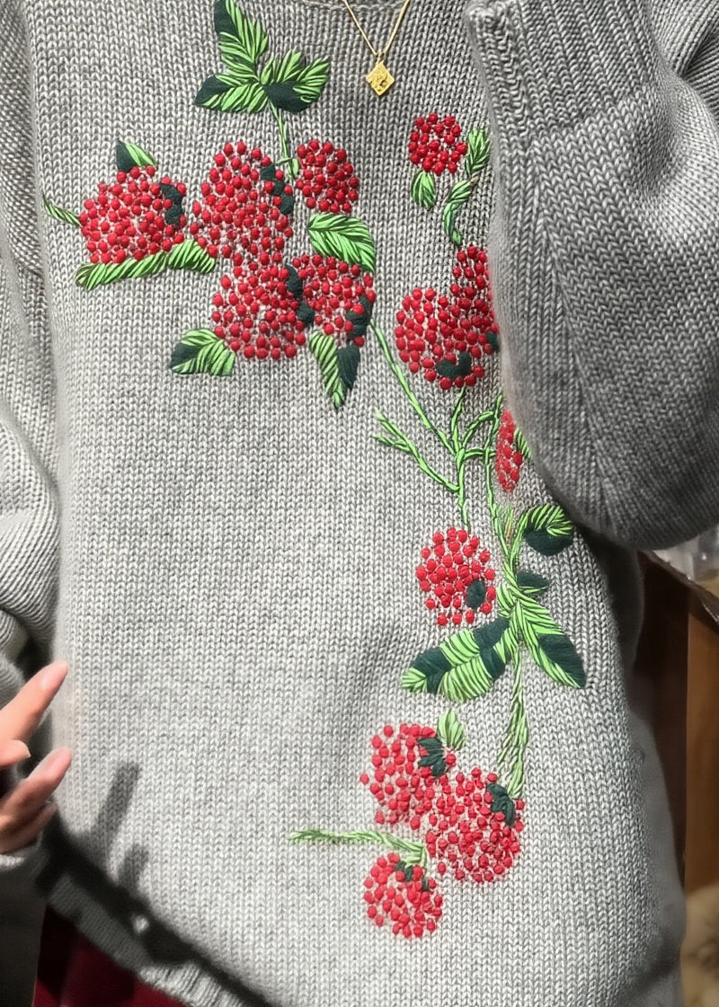 Style Grey O-neck Embroidered Knit Sweaters Fall