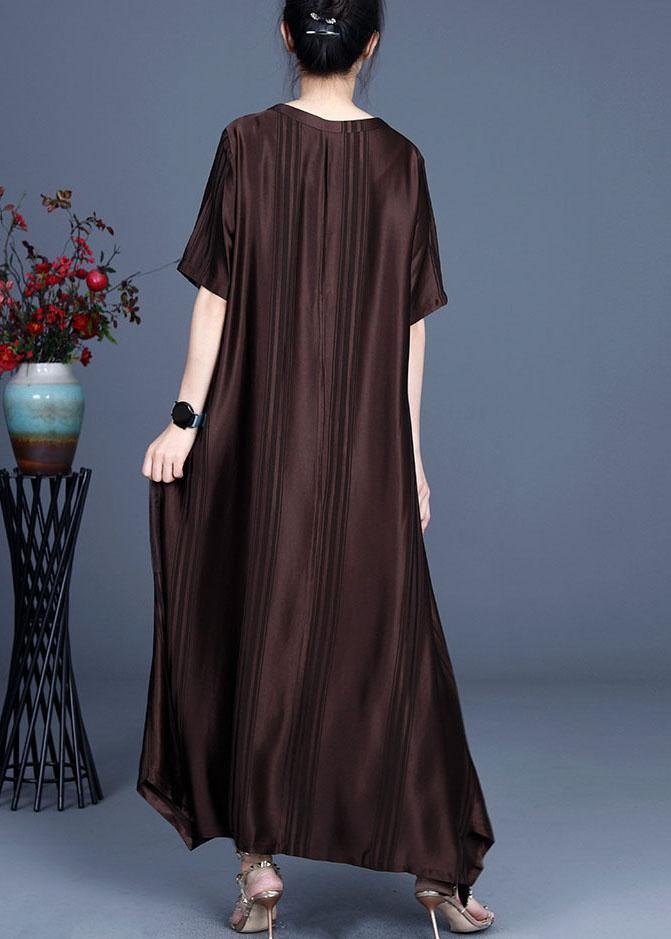 Chocolate Button Design Pockets Summer Silk Ankle Dress