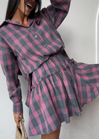 Style Grey Ruffled Plaid Cotton Two Pieces Set Summer
