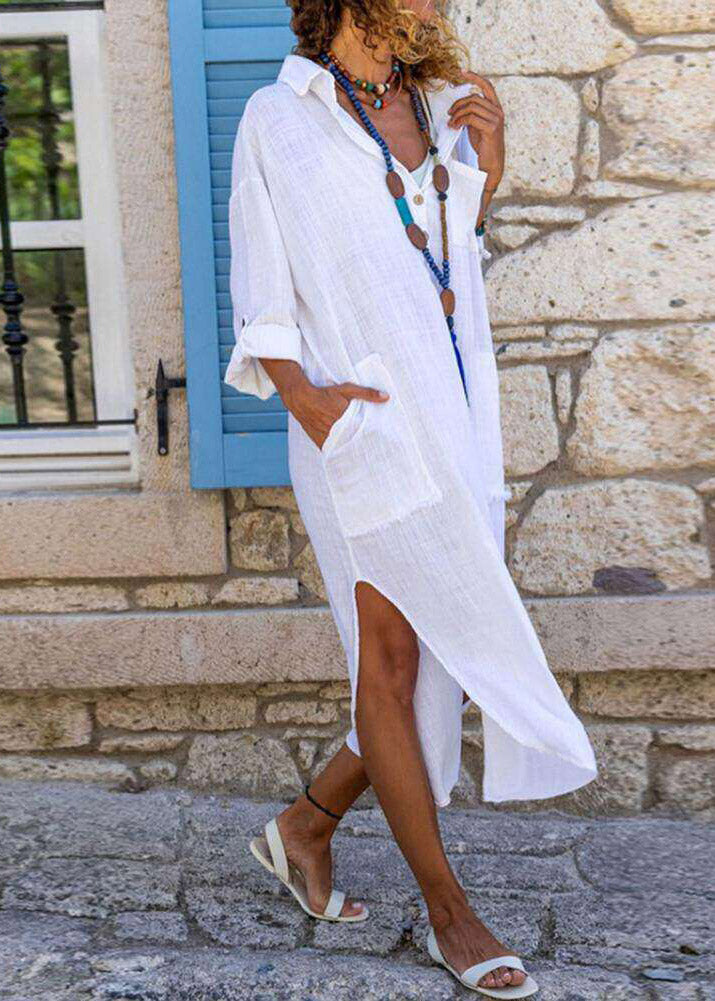 Simple White Peter Pan Collar Side Open Holiday Long Dress Fall