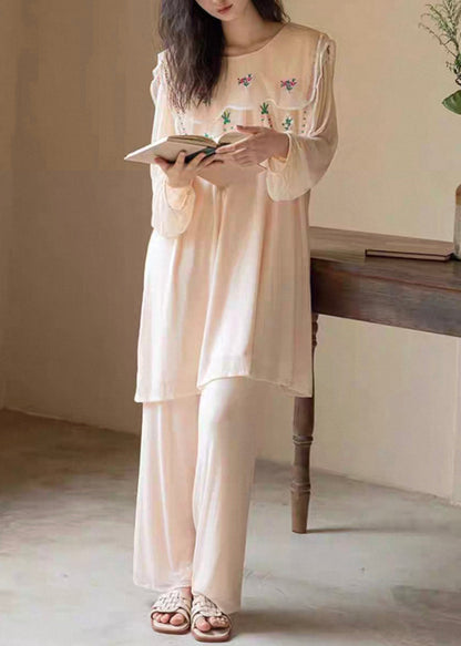New Apricot Original Design Print Ice Silk Pajamas Two Pieces Set Fall