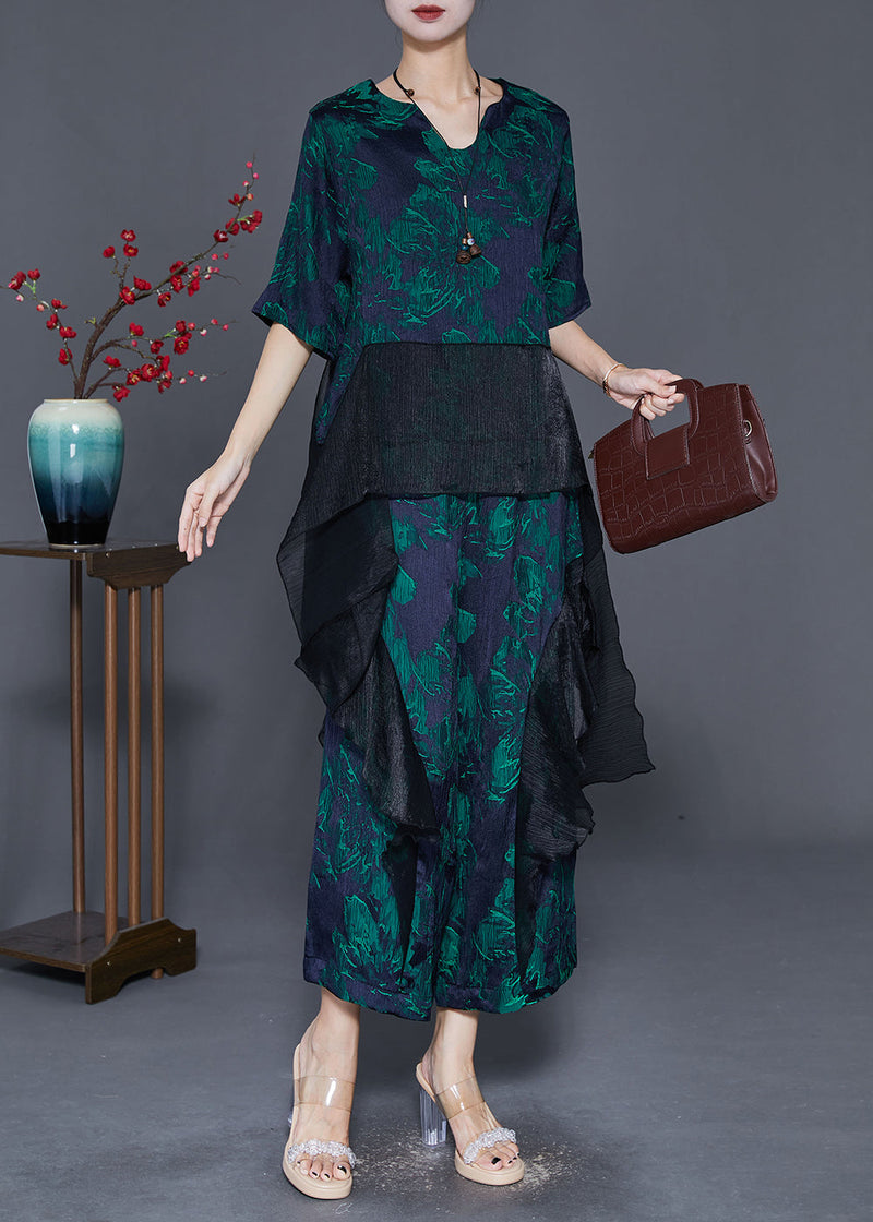 Stylish Green Oversized Patchwork Print Silk Two-piece Set Fall