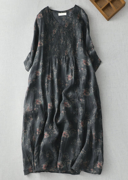 Modern Black V Neck Print Wrinkled Linen a Line Dress Summer