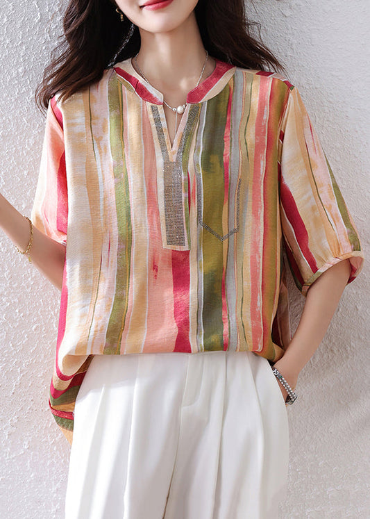 Diy Rainbow V Neck Striped Cotton Top Half Sleeve