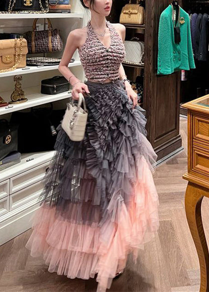 Pink Cold Shoulder Gradient Color Tulle Sets 2 Pieces Spring