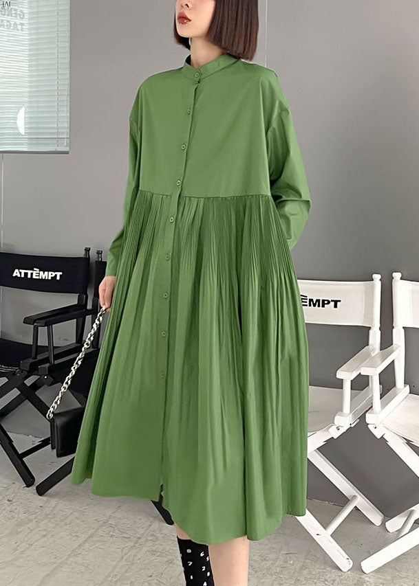 Green Wrinkled Pockets Button Fall Long Sleeve Dress