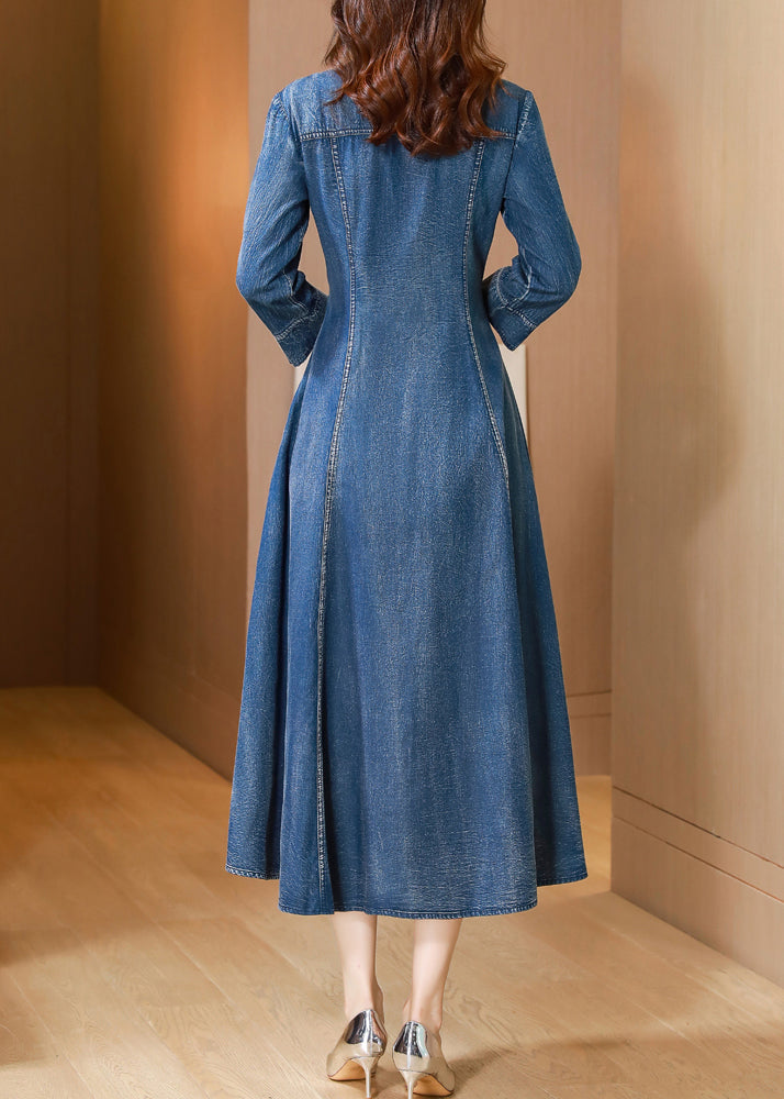 Natural Blue V Neck Embroideried Patchwork Denim Dress Long Sleeve