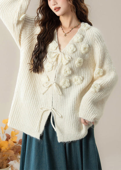 Art White V Neck Cozy Knit Cardigans Spring