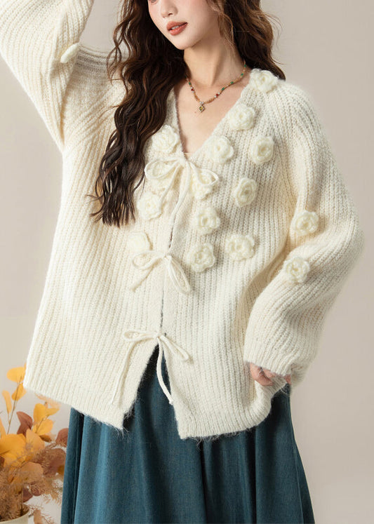 Art White V Neck Cozy Knit Cardigans Spring