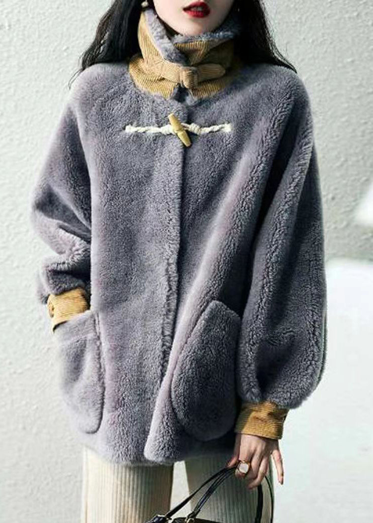 Grey Hign Neck Pockets Patchwork Wool Coats Winter