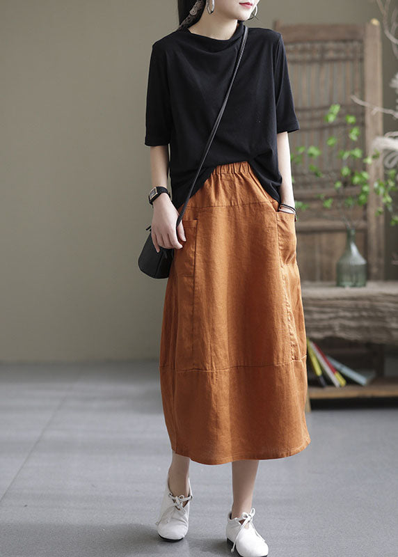 Boutique Orange Elastic Waist Pockets Patchwork Linen Skirt Spring
