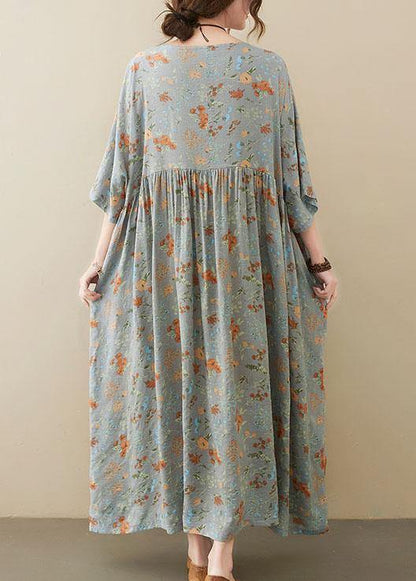 Grey O-neck Patchwork Print Half Sleeve Summer Long Dress