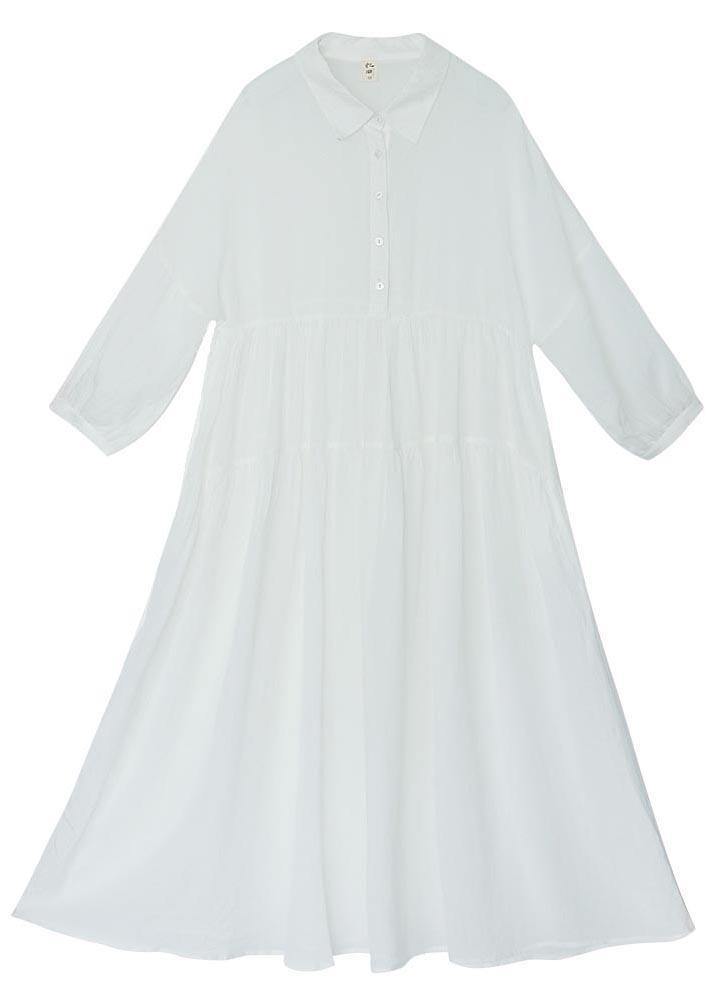 White Peter Pan Collar Button Vacation Summer Linen Dress